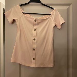 Off the shoulder button knit top